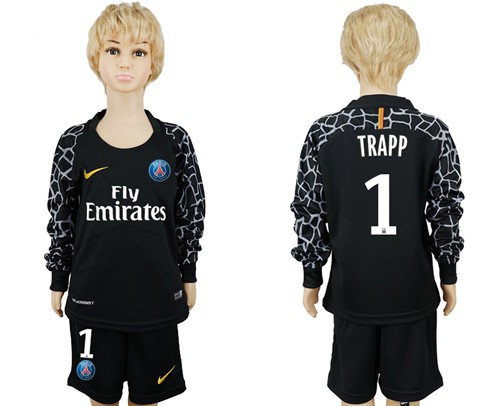 Chelsea #1 Trapp Black Goalkeeper Long Sleeves Kid Soccer Club Jersey - Click Image to Close